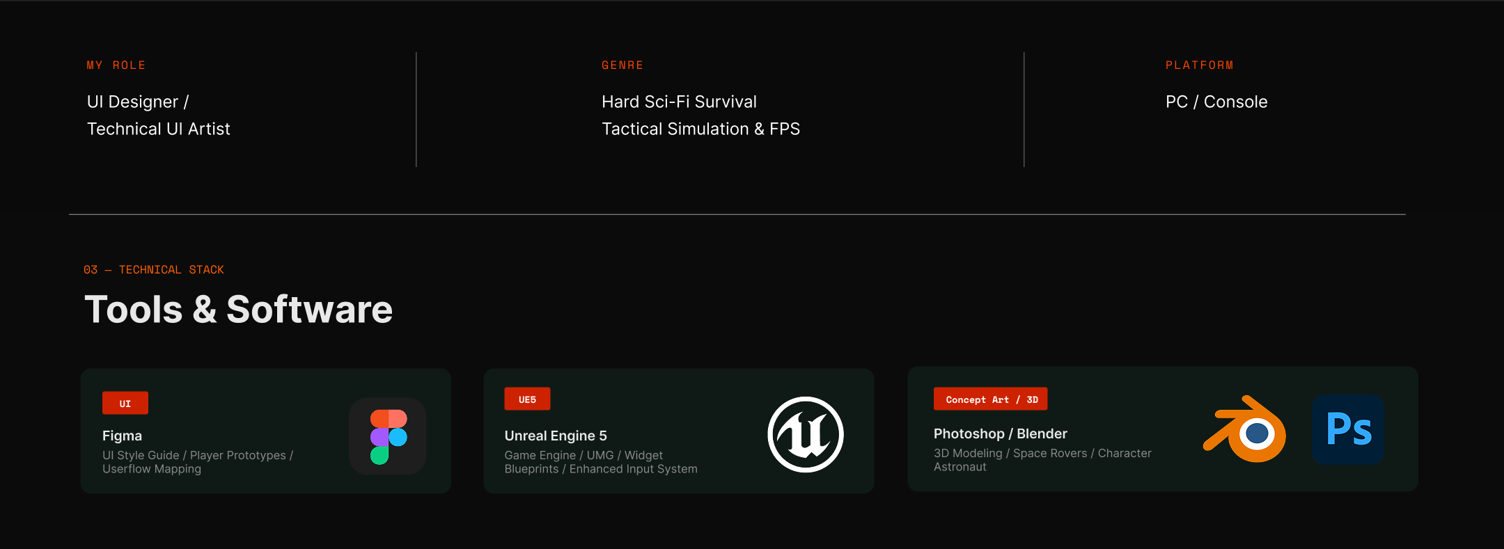 Role, genre and platform badges with tools and software stack